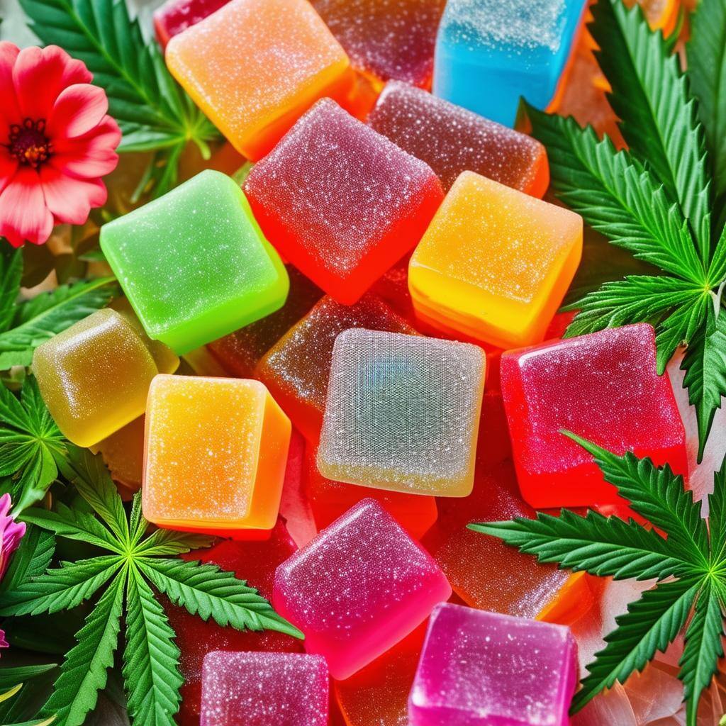 Colorful gummies surrounded by hemp leaves